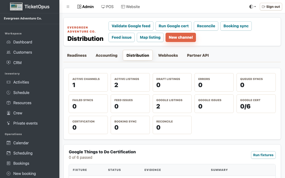 TicketOpus distribution and API controls.