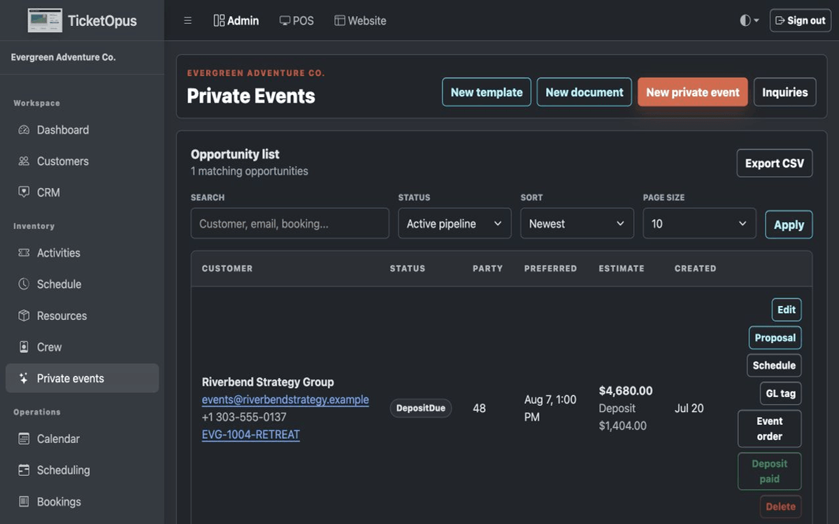 TicketOpus private-event pipeline.